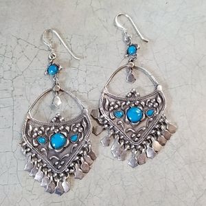 VTG.925&TURQUOISE LG.BOHO EARRINGS.GORGEOUS!!